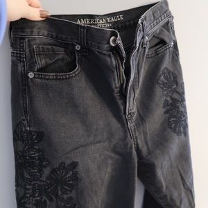 American Eagle Black Floral Embroidered Mom Jeans